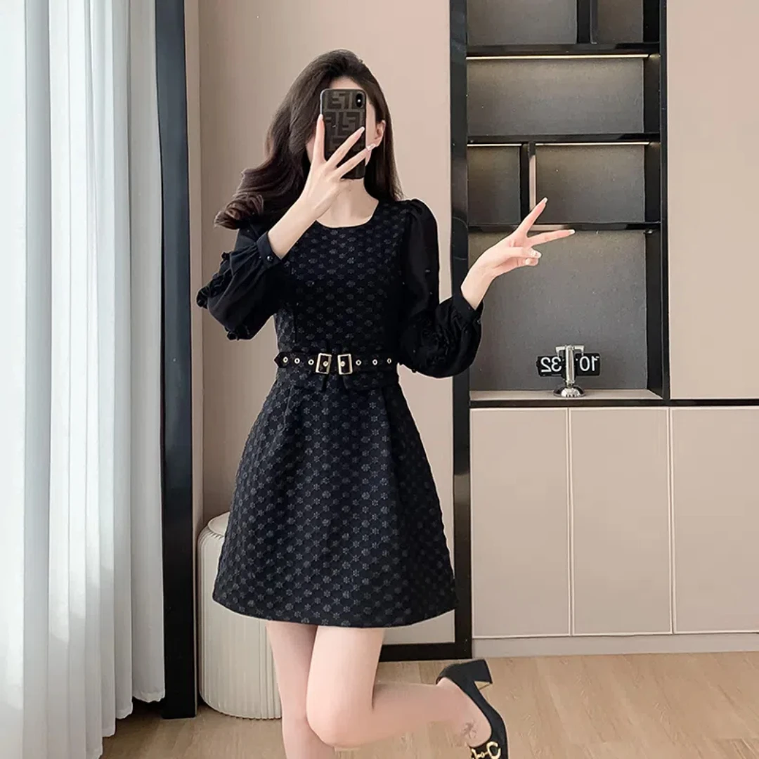 

Elegant Jacquard Dress Fall 2021 Women's French Style Black Waist-Cinching A-line Skirt