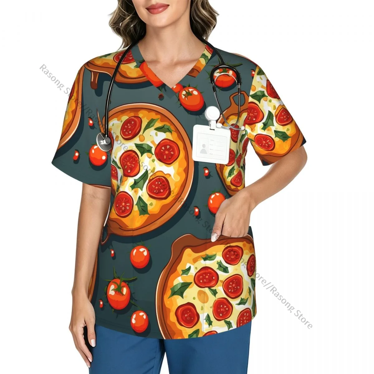 Women's Scrub Tops Short Sleeve Workwear Shirts Fitness Nursing Uniform Pizza Food Pullover Doctor Nursing Shirt
