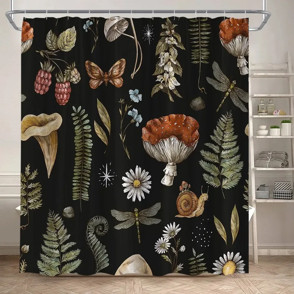 Cortina de ducha de setas rústicas, hojas de plantas florales, polilla, libélula, cortinas de baño negras, tela de poliéster, decoración del hogar con ganchos