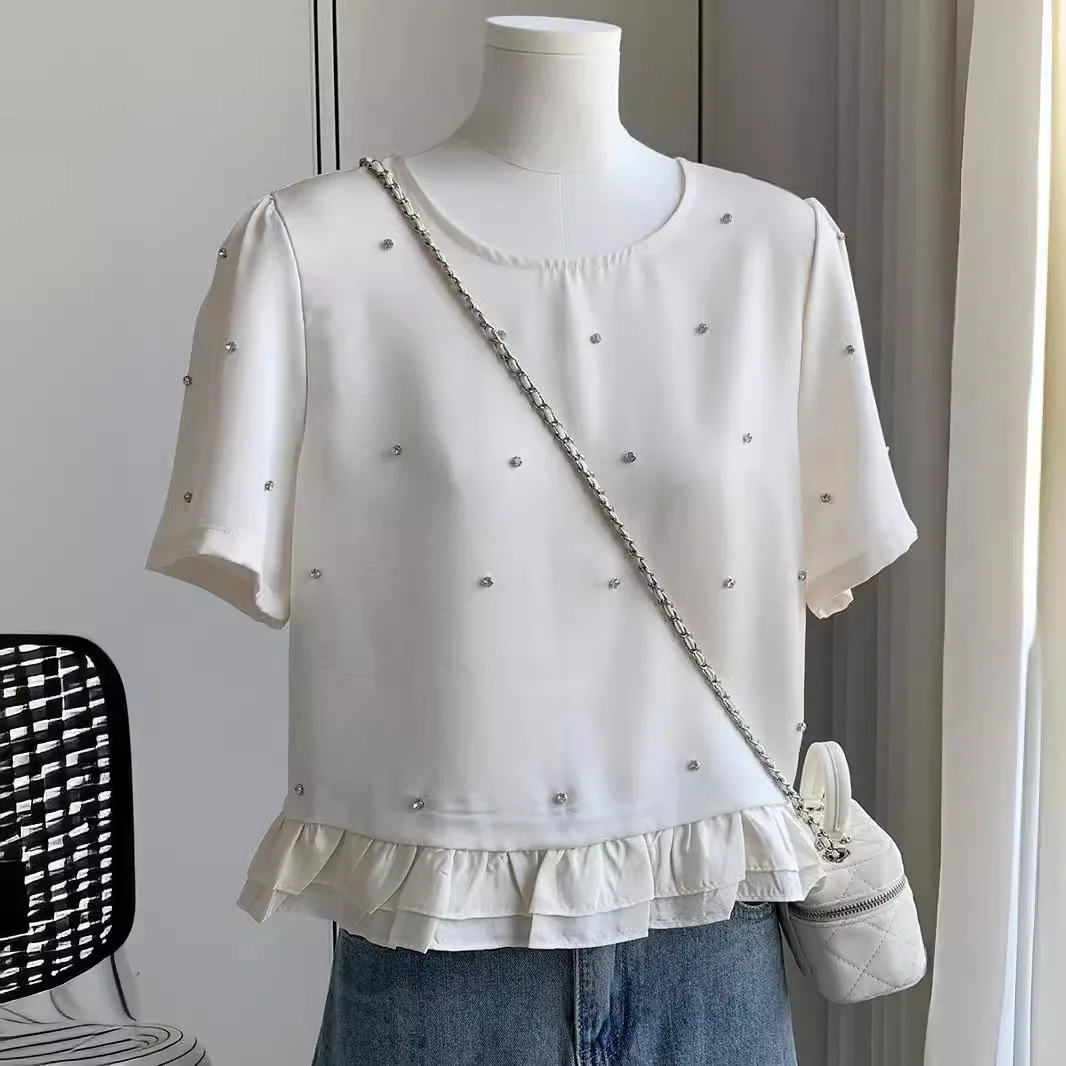 High end chic diamond inlaid bubble short sleeved shirt for women's summer ruffle hem short top  tops