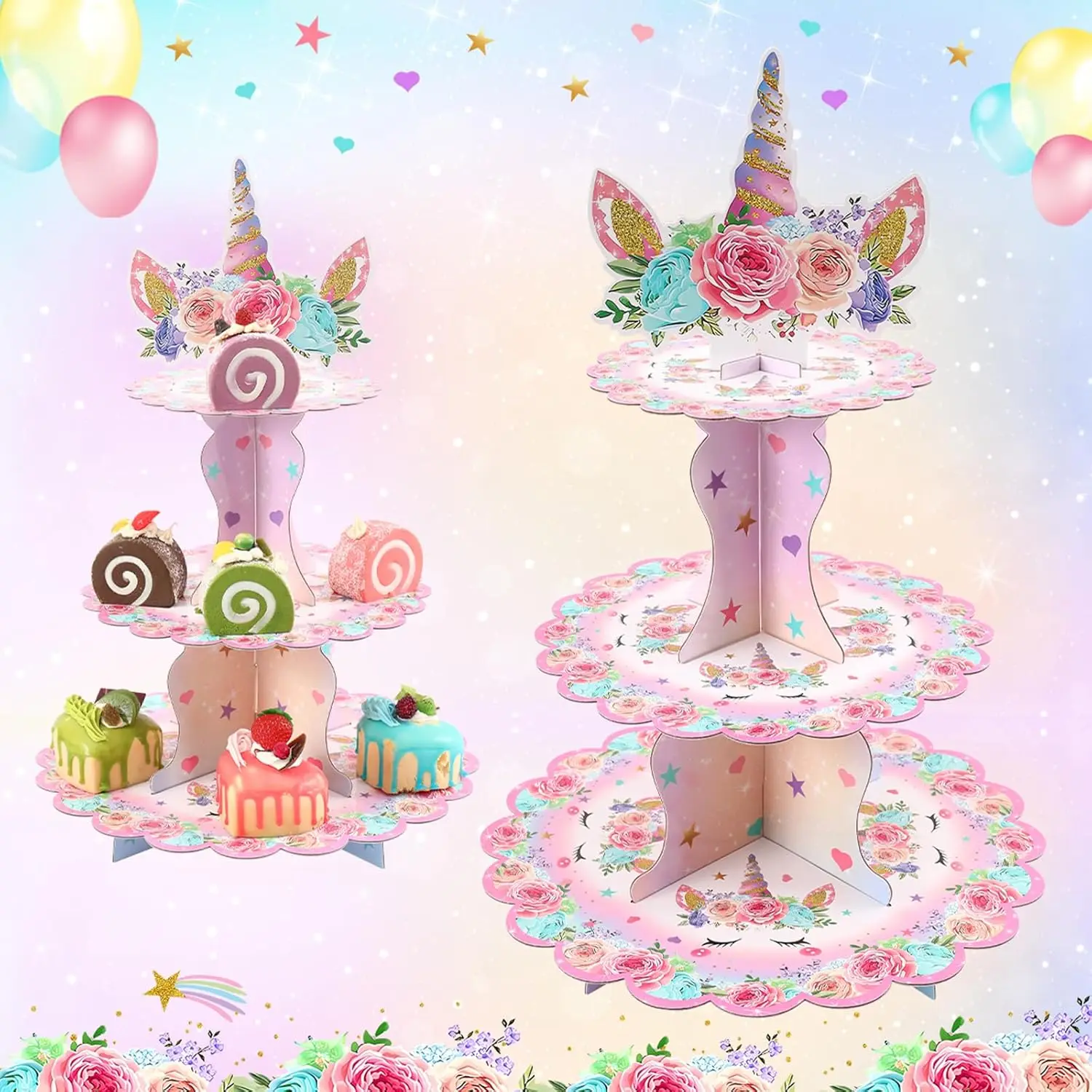 Cupcake-Ständer für Einhorn-Geburtstagsdekorationen – 3-stufiger rosa Blumen-Einhorn-Dessert-Topper-Turm für Babyparty, Hochzeit, Geburtstag