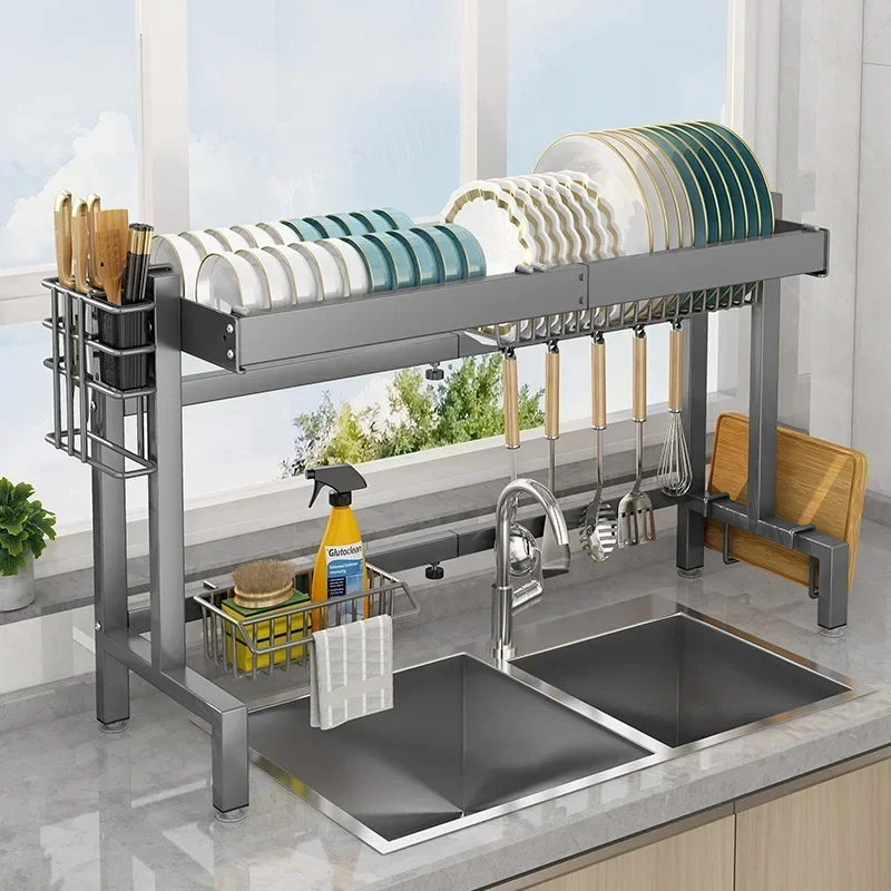 Multi-function Cutlery Holder Telescopic Adjustment Dish Drainer Thickened Steel Dish Rack