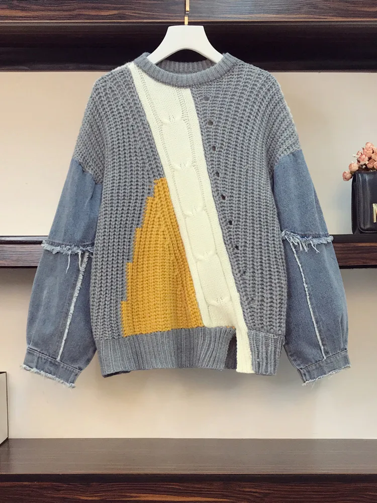 

Autumn Winter Y2k Sweater For Women Pullover Denim Patchwork Knitted Sweater Japanese Vintage Knitwears Long Sleeve Tops 4XL