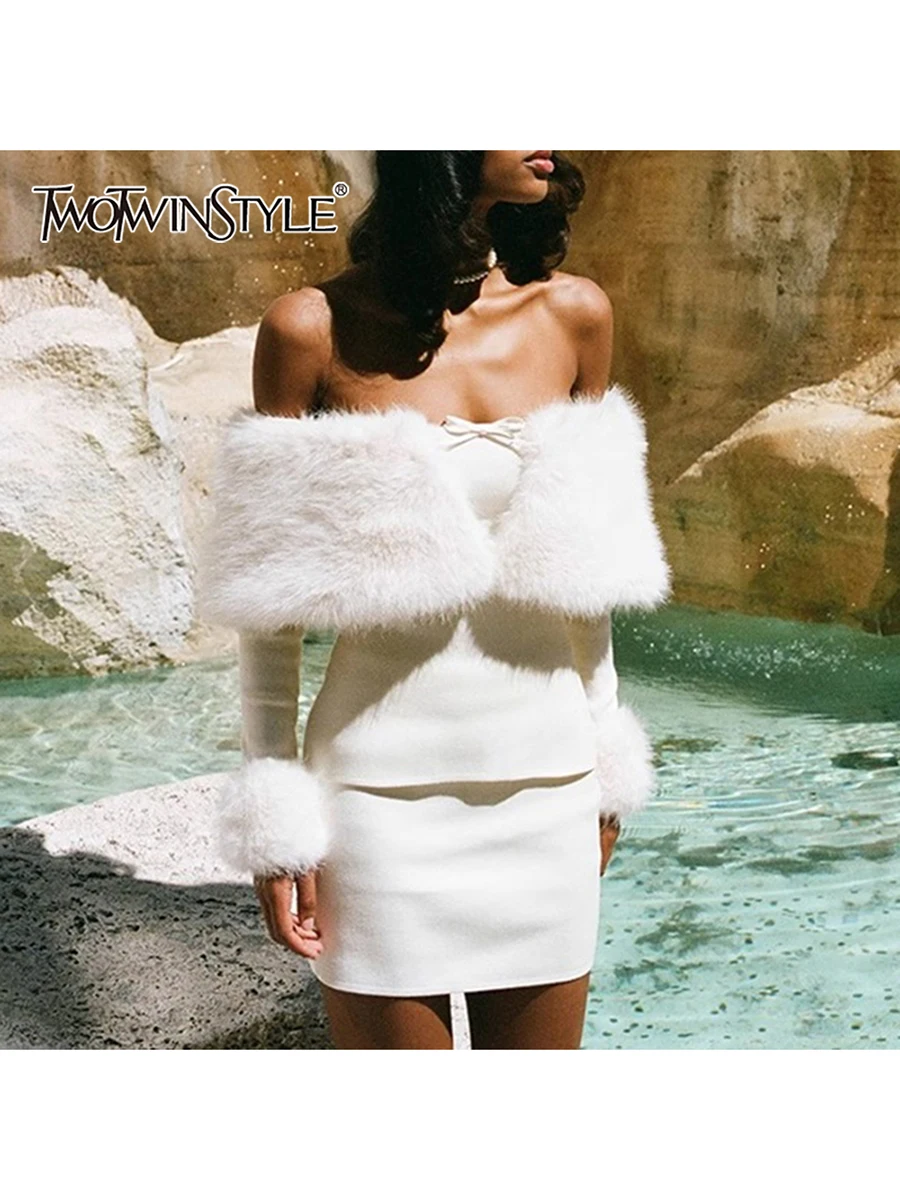 

TWOTWINSTYL Slimming Two Piece Sets for Women Slash Neck Long Sleeves Spliced Feathers Top Mini Skirt Elegant Set Female Clothes