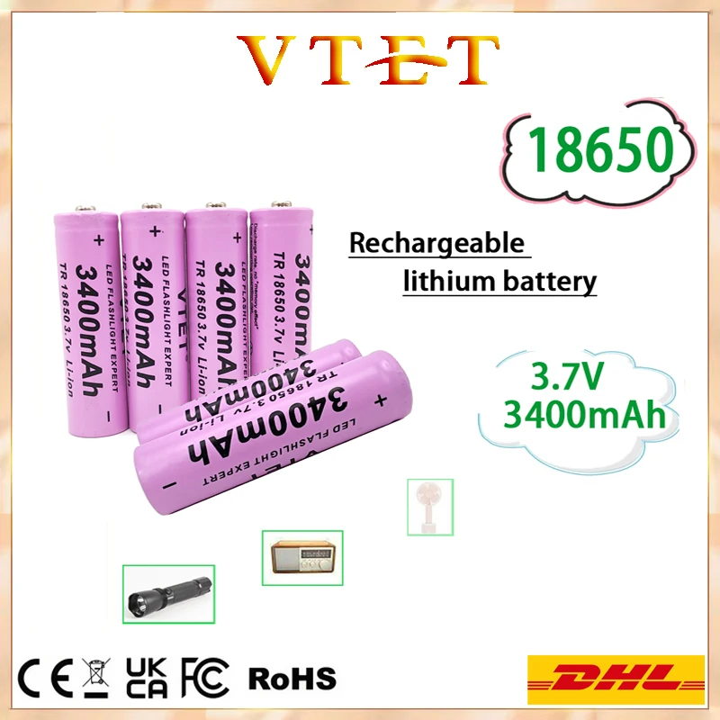 

VTET18650 Purple Pointed Rechargeable Lithium Battery 3.7V 3400mAh, Lightweight and Efficient, Suitable for Flashlights and Fans