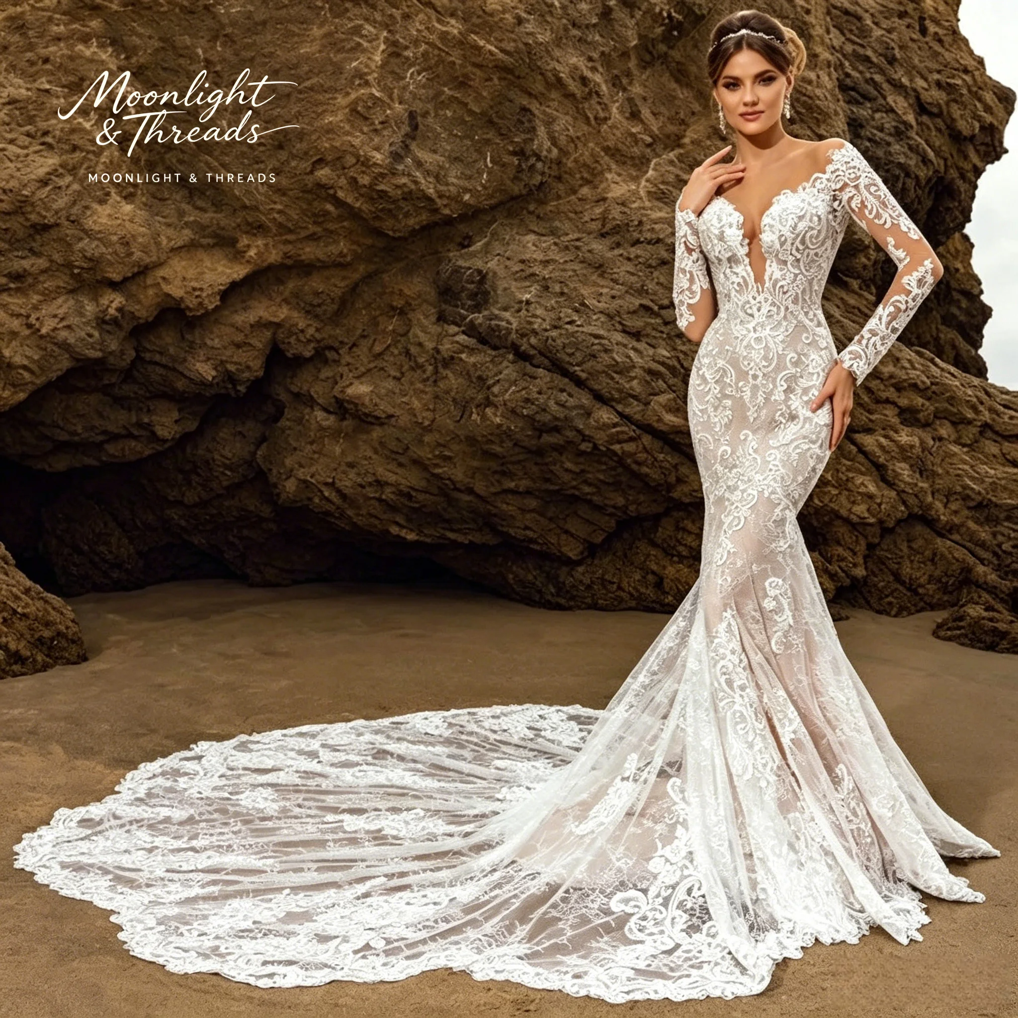 Exquisite White Embroidered Tulle V-Neck Long-Sleeve Mermaid Floor-Length Formal Wedding Gown
