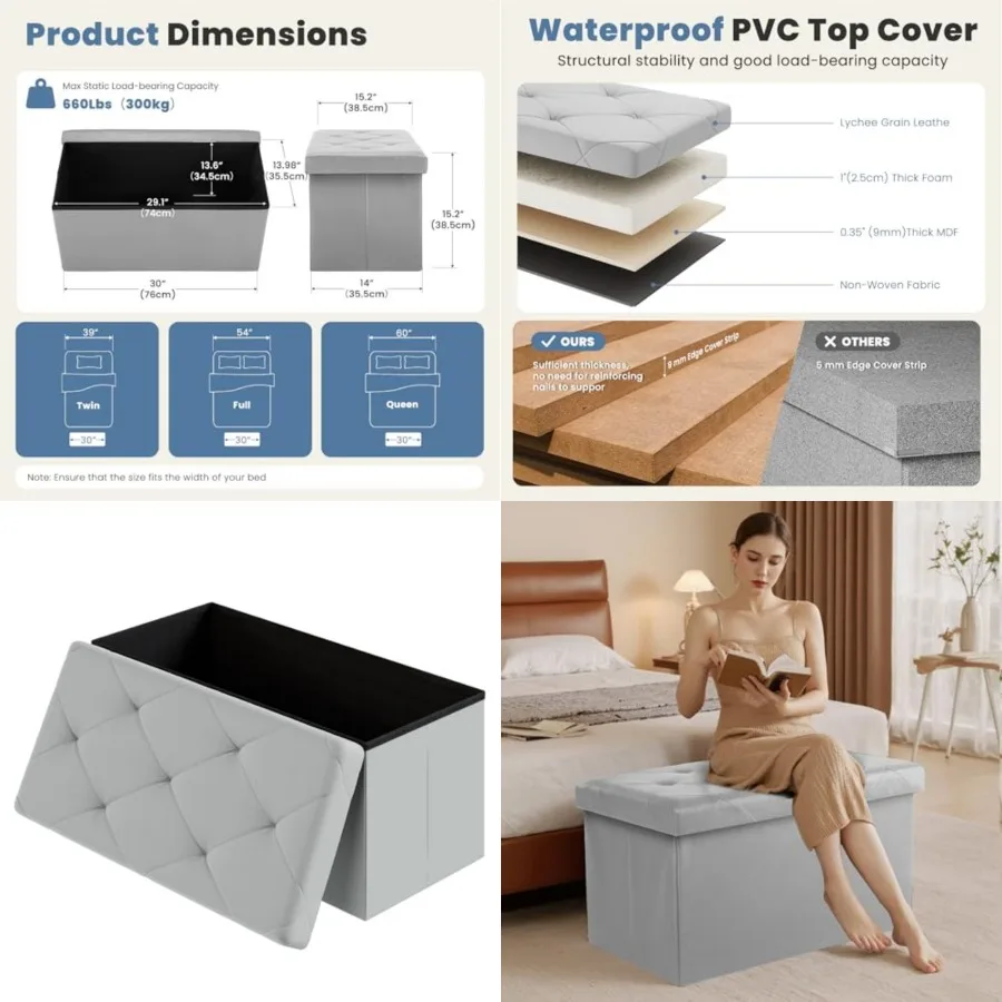 

30 Inch Folding Ottoman with Storage Bench, Feet Rest Stool, End of Bed Storage Bench Upholstered, Load 660 lbs, for Living Roo