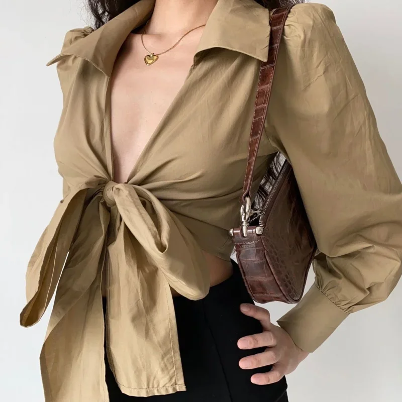 Khaki Shirts Women Autumn Bandage Sexy Crop Tops Casual Korean Style Fashion Solid Simple Lantern Sleeve All-match Elegant Lady