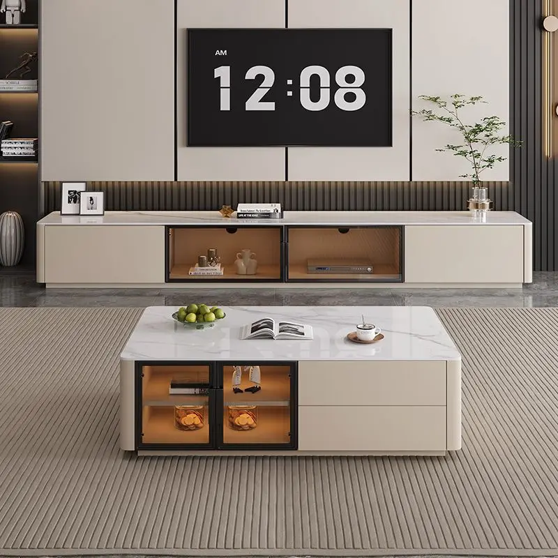 Minimalist Light L/uxury Solid Wood and Stone Board Coffee Table and TV Cabinet Set for Small Apartment Living Room Home Cabinet