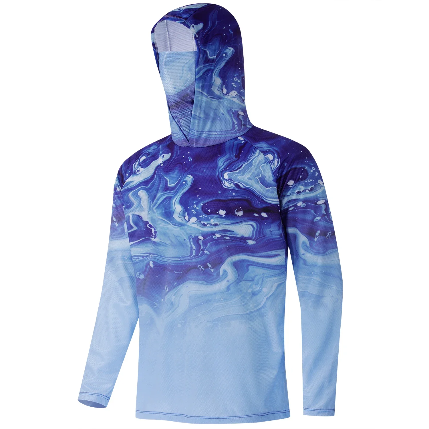 Mens Fishing Hooded Shirt UPF50 Sun Protection Face Cover Long Sleeve Quick Dry Marlin Tuna Print Outdoor Angling