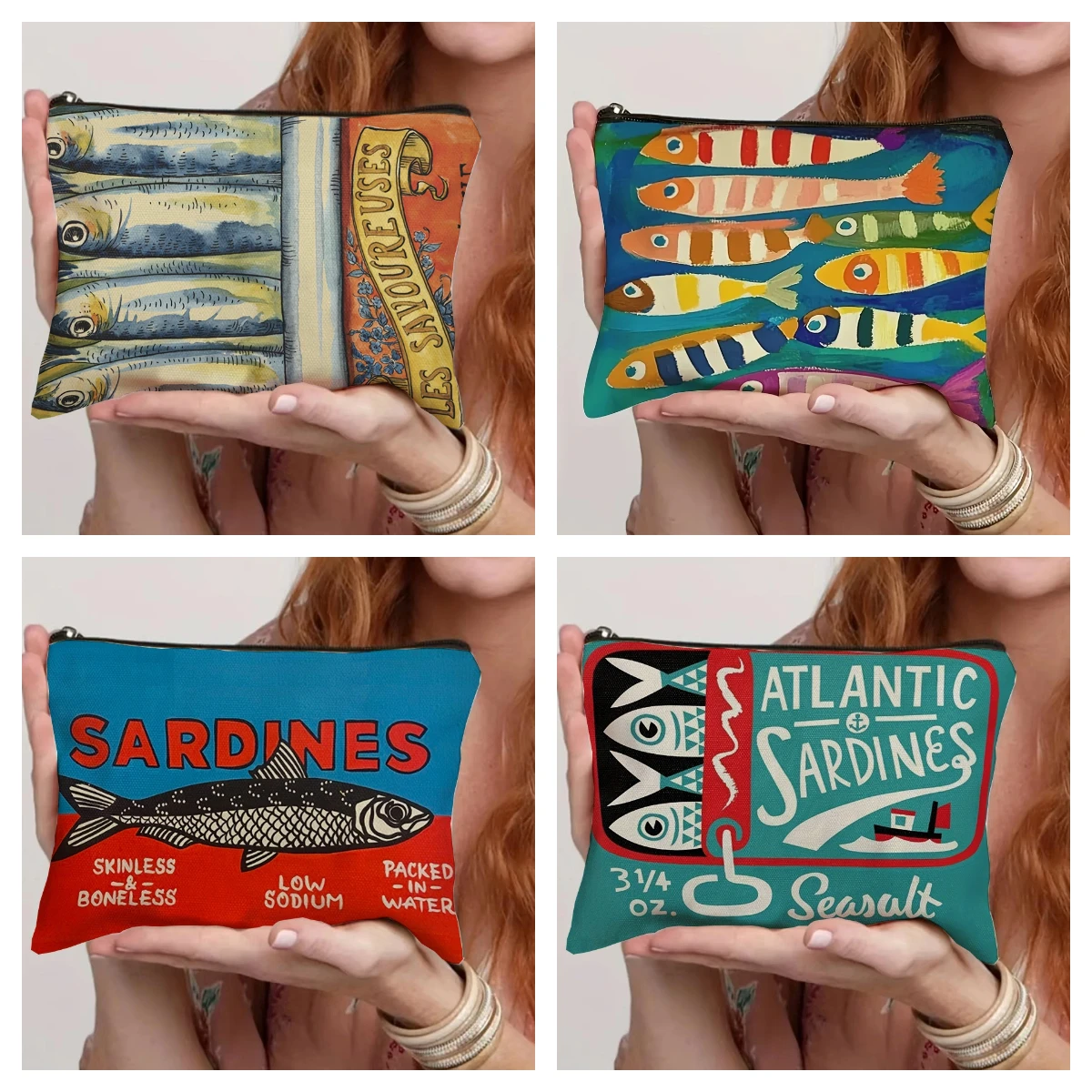 Vintage Sardine Pattern Cosmetic Bag Travel Makeup Organizer for Toiletries & Brushes Portable Zipper Makeup Storage Bags