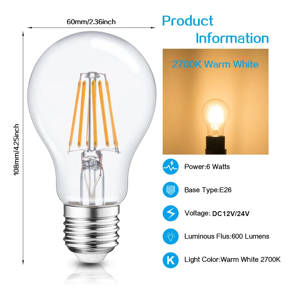 Led Lamp A19 6W Filament Bulb Low Voltage DC12V 24V Edison Globe Bulbs 4500K Daylight Warm White 2700K  E26 E27