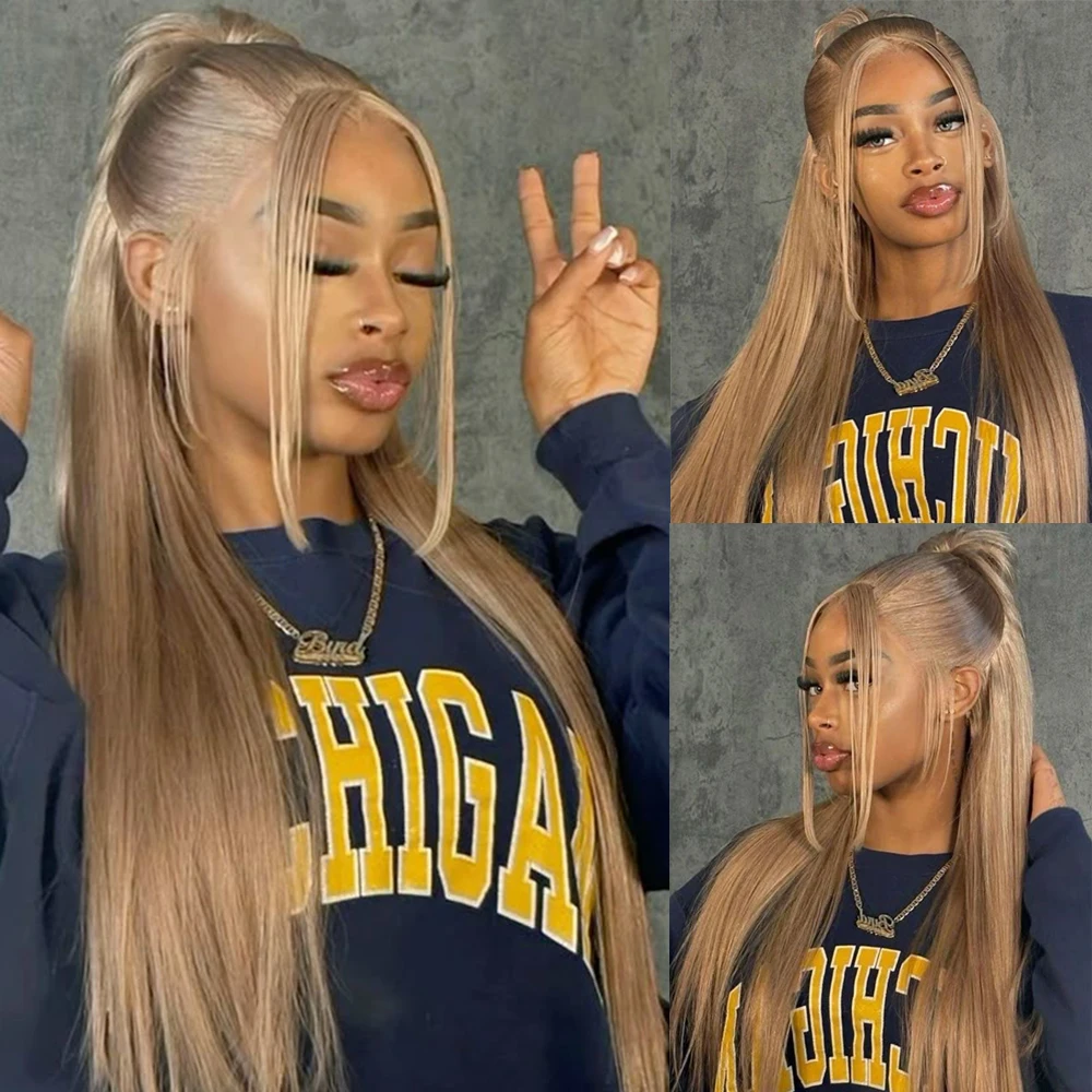 شعر مستعار بشري مفرود أشقر عسلي # 27 لون مستقيم الدانتيل الجبهة الباروكات 200% الكثافة 13x6 HD الدانتيل الجبهة شعر مستعار مستقيم الشعر البشري