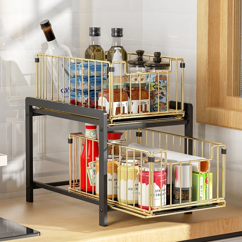 Suitable for Double lower sink rack, cabinet, drawer type retractable countertop, daily necessities, seasonings, storage rack, A