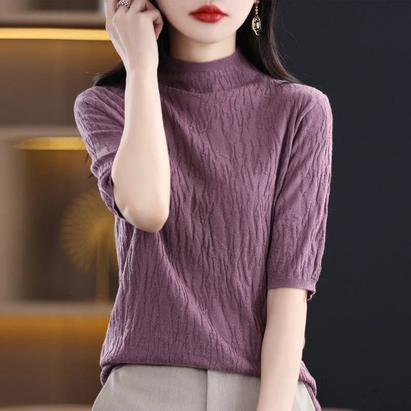 Summer Thin Slim Straight Jacquard Knitted Pullover Women Fashion Casual Loose Short Sleeve O-Neck White Black Ladies Sweater