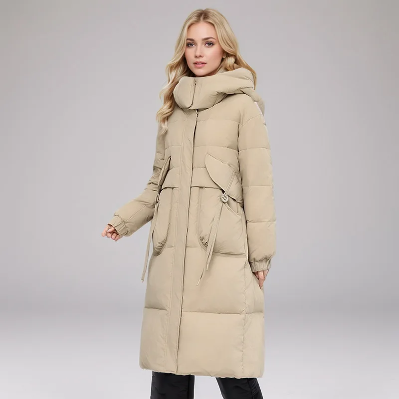 เสื้อโค้ทกันหนาวผู้หญิงขายดีสีล้วนเชือกรูดคอตั้งมีฮู้ดเสื้อแจ็คเก็ตผู้หญิงยาวเสื้อโค้ทเรียบง่ายสำหรับผู้หญิง