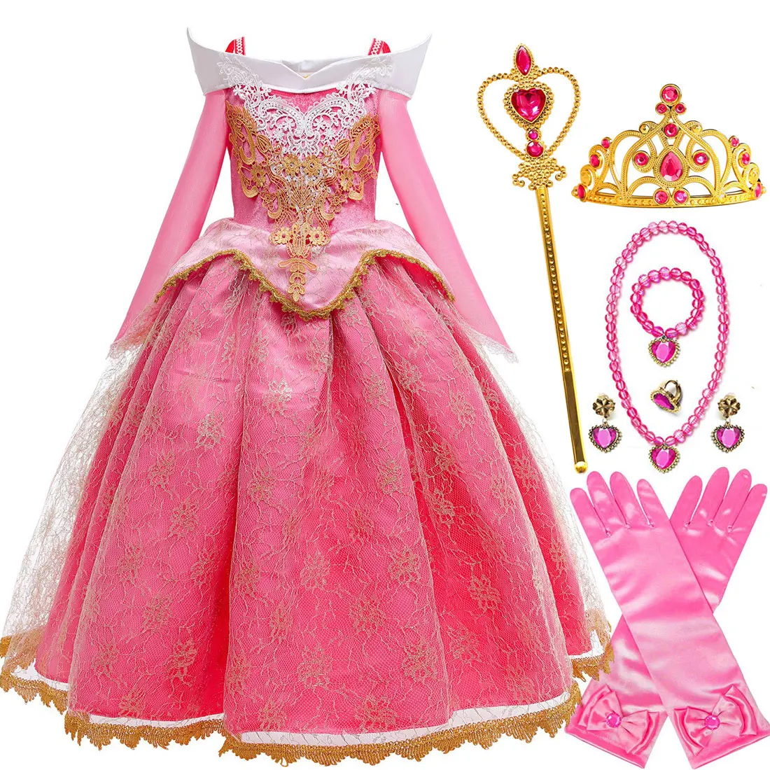 2026 Disney Dornröschen Aurora Prinzessinnenkleid Mädchen Cosplay Schulterfreies Kinder-Geschenk Festliches Party-Kleid Baby Feines Spitzenkleid-Set