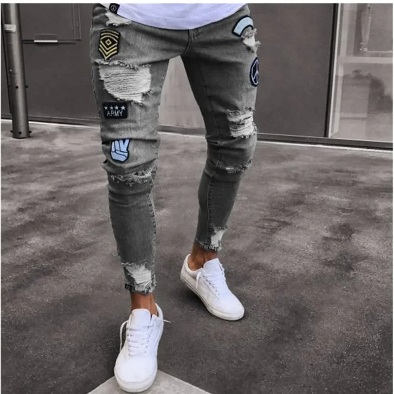 

Men Stretchy Ripped Skinny Biker Embroidery Cartoon Print Jeans Destroyed Hole Slim Fit Denim High Quality Hip Hop Black Jeans