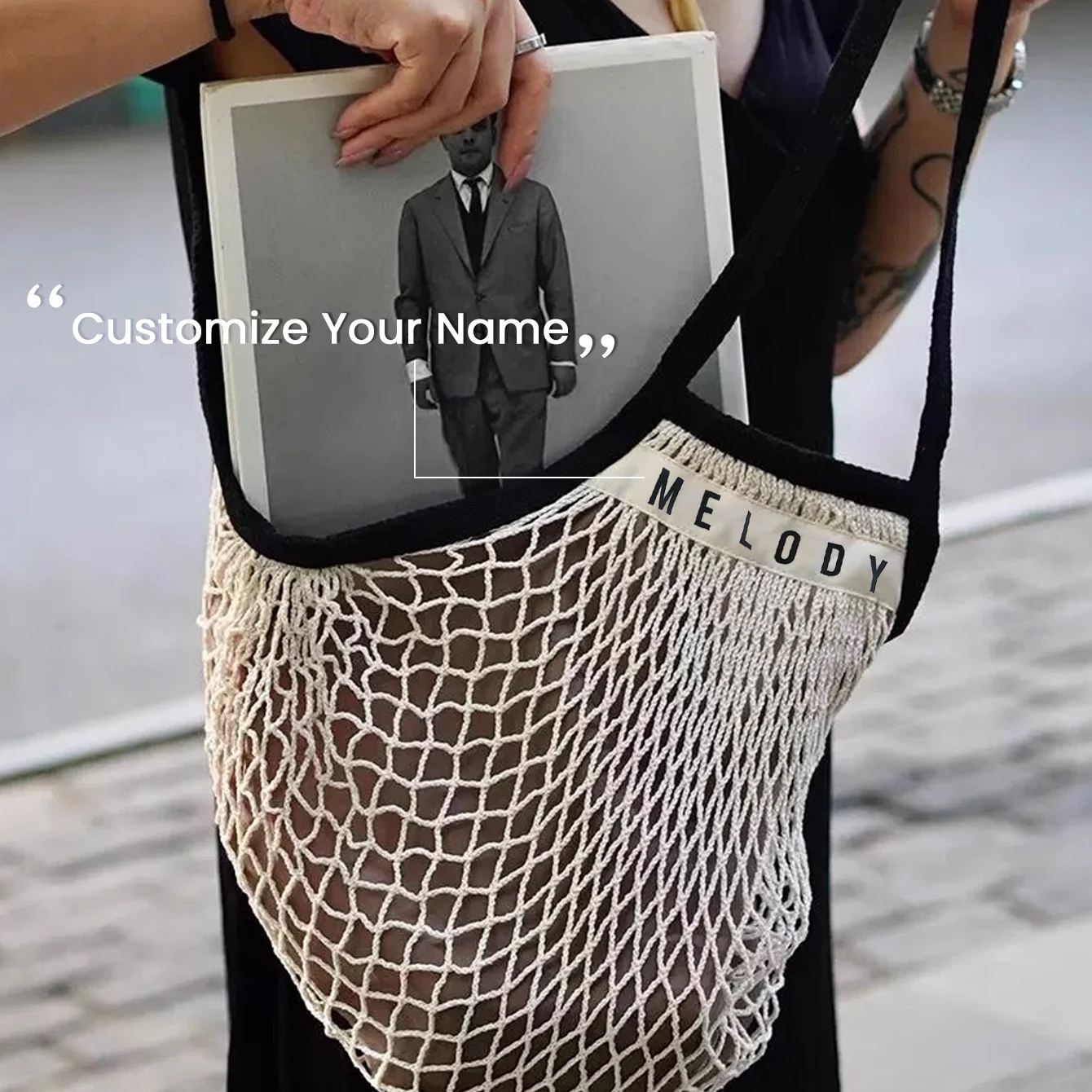 Bolsa de algodón orgánico de malla con nombre personalizado, bolsa de playa lavable reutilizable con mango largo, organizador para compras, bolsa de comestibles, 1 Uds.