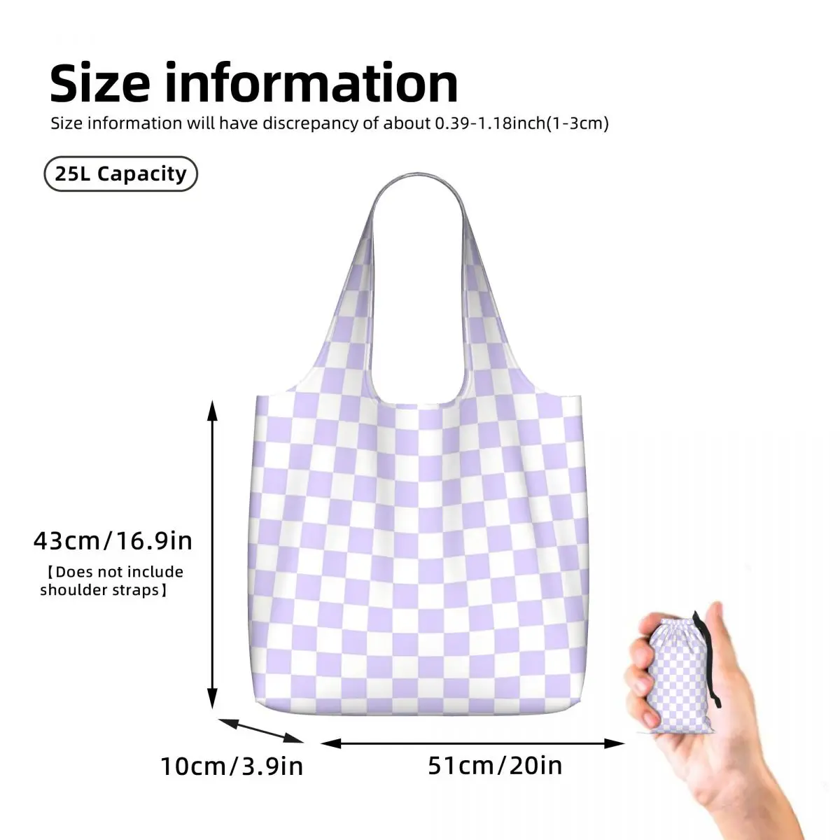 White And Pale Lavender Violet Checkerboard Shopping Tote Bag Canvas Large Capacity Shoulder Bags Shopper Grocery Handbag