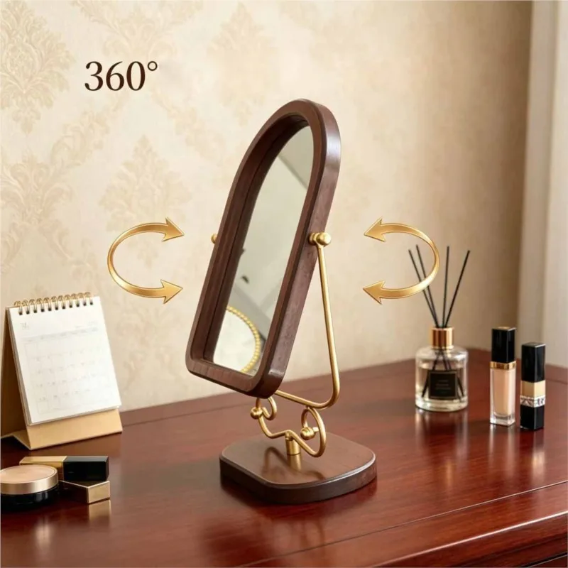 Middle Ancient Style High-definition Glass Mirror Desktop Makeup Mirror Desktop Rotatable Bedroom Home Wooden Makeup MirrorZJ169
