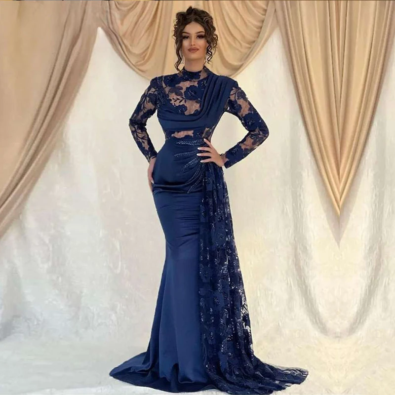 Arabic Evening Dresses High Neck Lace Long Sleeves Mermaid Prom Gowns Satin Celebrity Party Dress abendkleider 2022