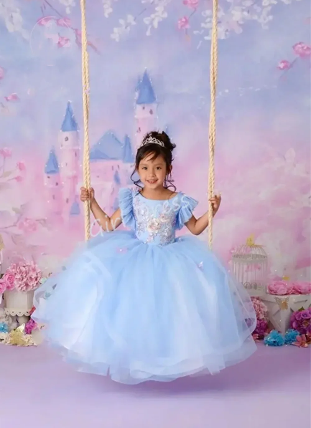 

Customized Light Blue Flower Girl Dresses For Wedding Appliques Floor Length Little Princess Evening Banquet Birthday Party Gown