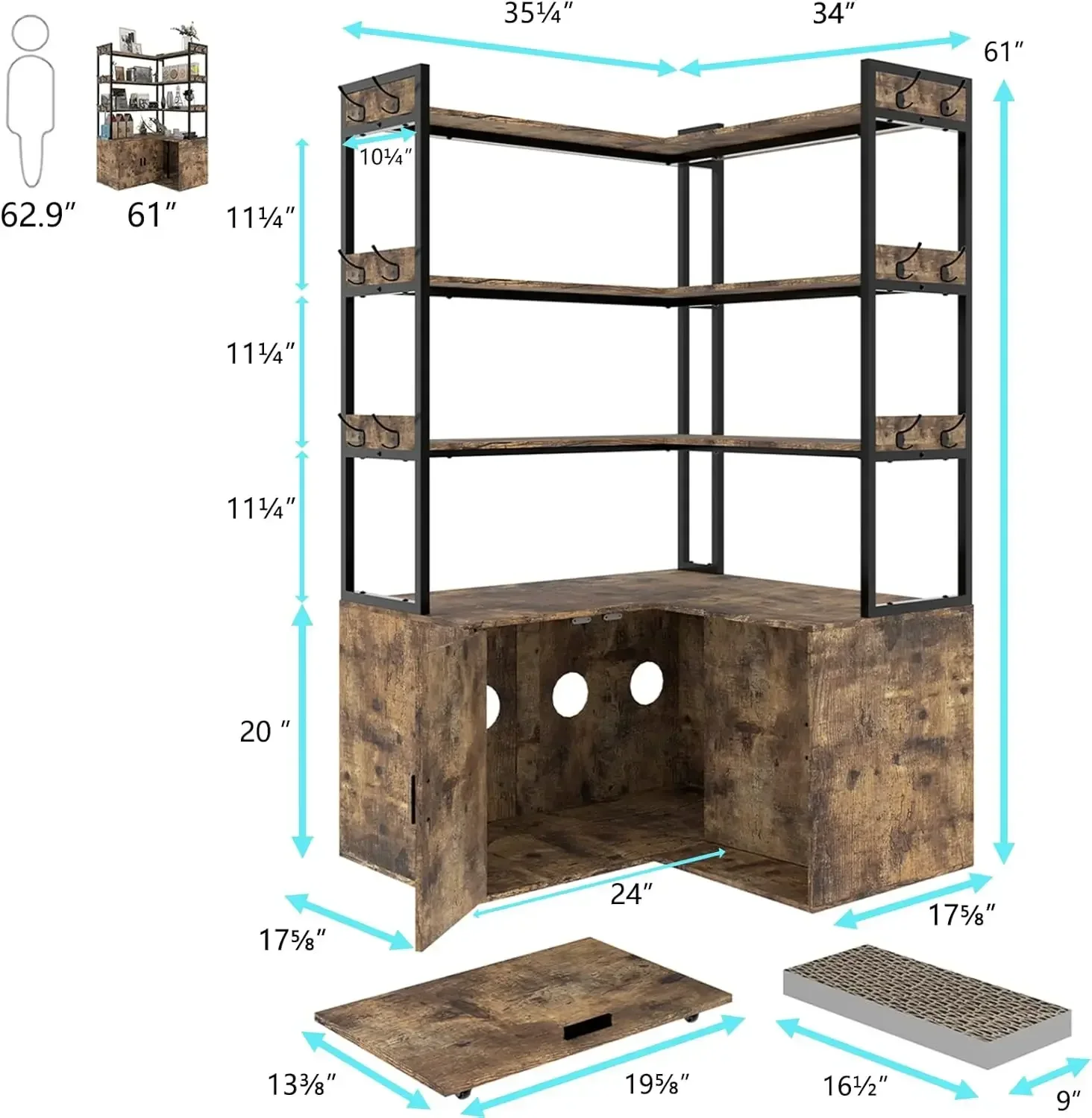 Litter Box Enclosure with Shelves and Doors, Industrial Corner Shelves with Cat Cabinet &12 Hooks, 3-Shelf Corner Bookshelf