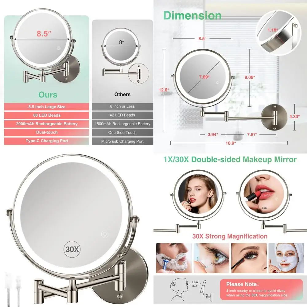 

8,5 двустороннее светодиодное косметическое зеркало, 3 режима освещения, зарядка через USB-C, 360° ° Вращение, отделка матовым никелем