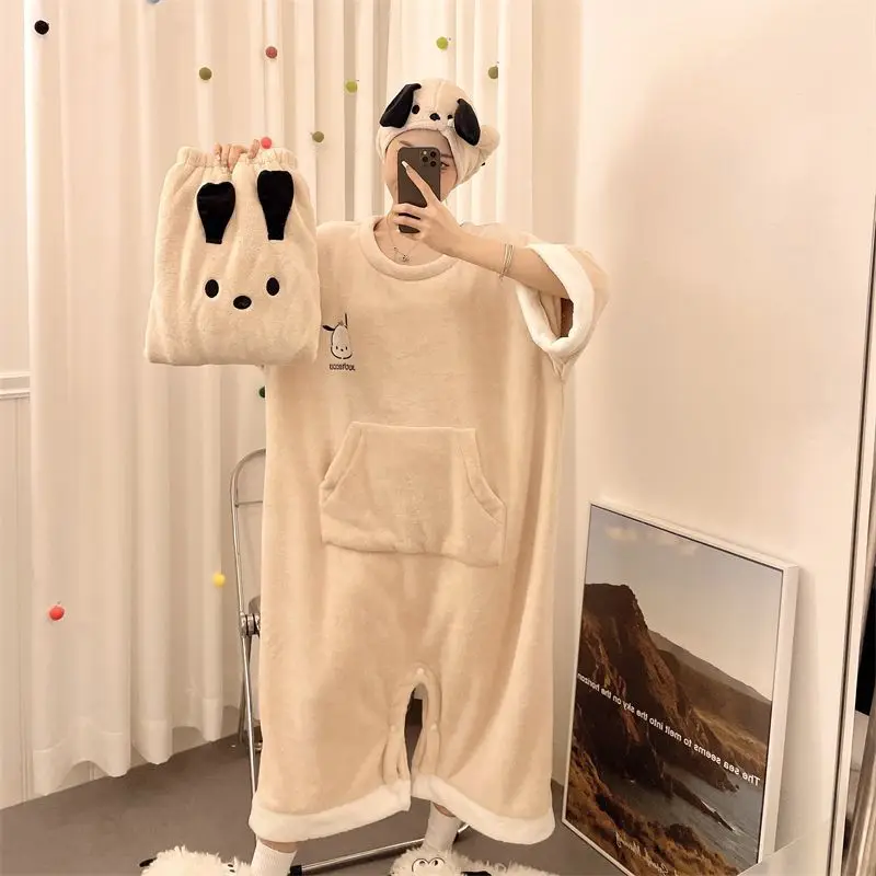 

Халат Sanrio, 3 шт., женское цельное банное полотенце Pochacco, носимое, большое полотенце для ванной комнаты, шапочка для душа, юбка для ванны, милая, хит продаж