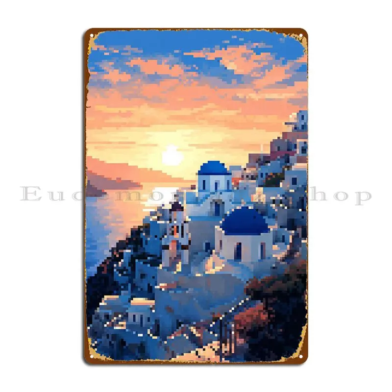 Santorini Pixel Art Metal Sign Vintage Wall Decor Customized Wall Plaque Pub Mural Tin Sign Poster