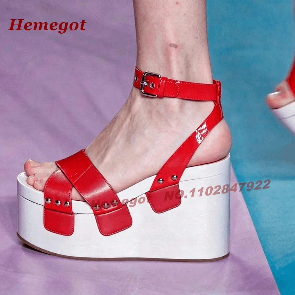 Red Patent Leather Platform Wedge Sandals Open Toe Ankle Strap Buckle Rivet Decor Thick Sole Punk Colorblock Runway Shoes Sexy