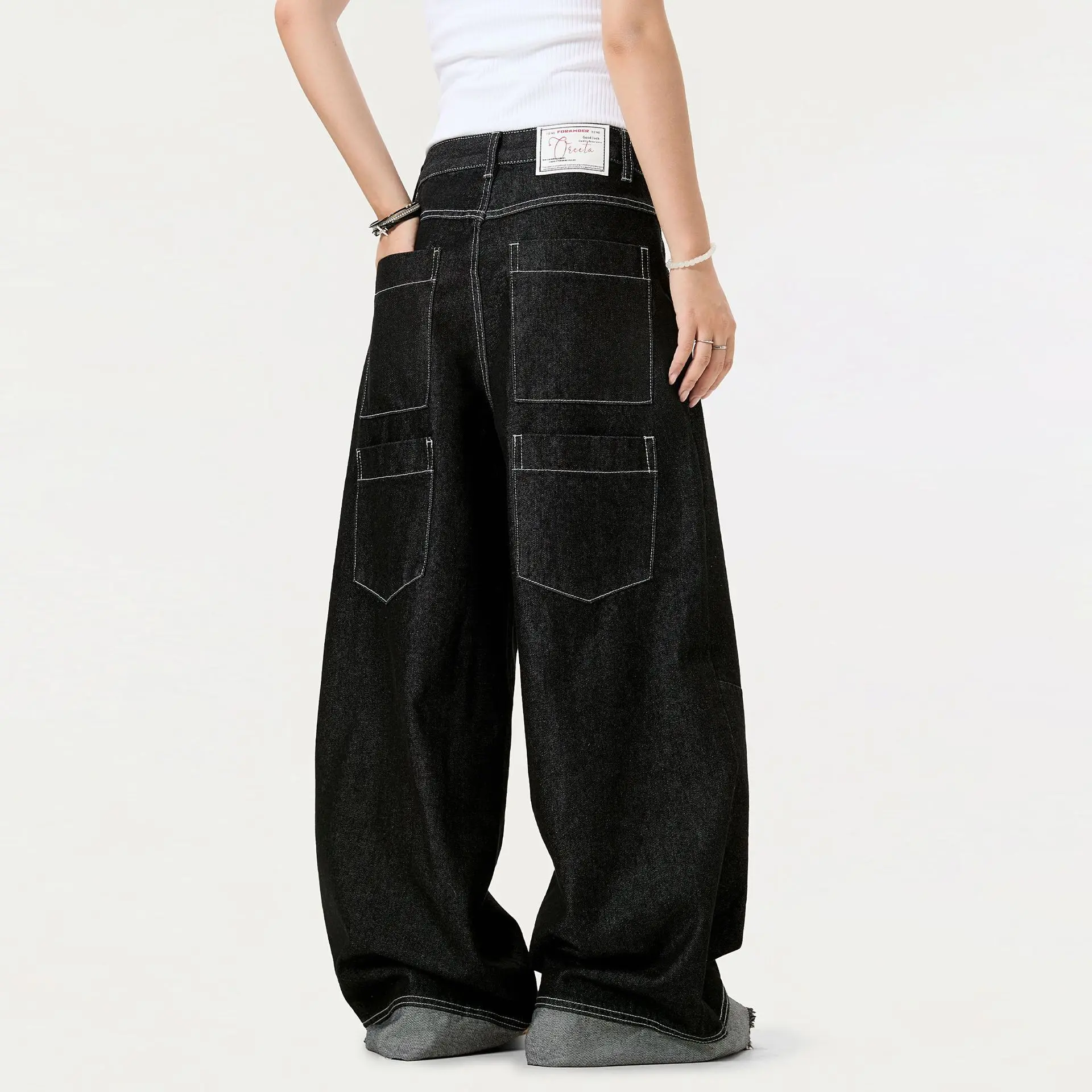 OR FL Women's American Retro Color lashing MAO Bian Design Sense Staraight Jeans Trendy Brand Baggy Wide Leg Pants Trousers Y2k
