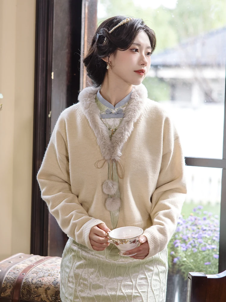 

Теплый вязаный кардиган/свитер Chuan Dai Time из дерева османтуса для женщин, осень-зима, с V-образным вырезом...