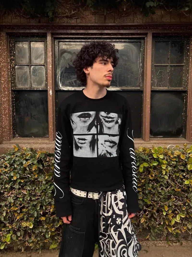 Y2K 2025 جديد الأمريكية الرجعية الألفية رسالة مطبوعة تي شيرت الظلام الشارع الشرير للجنسين كم طويل