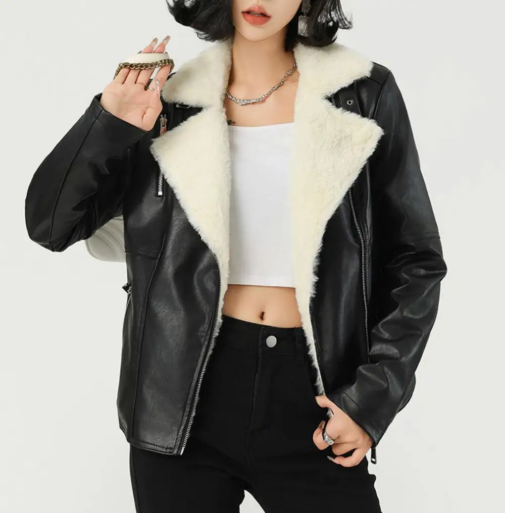 Ladies Winter Faux Leather , Plus Velvet Thickened Short Coat, Women Fashion Warm Outerwear New Style