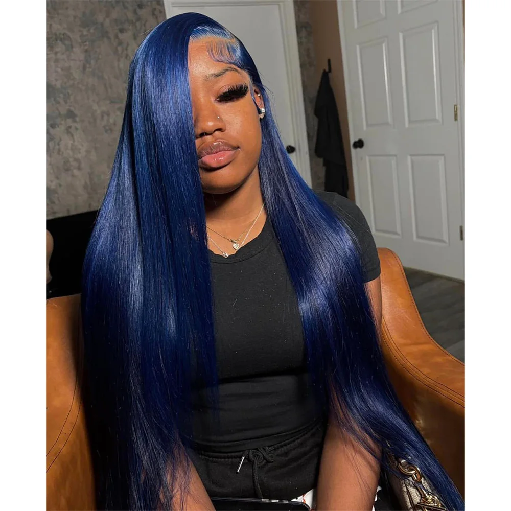 Linhua Brazilian Navy Blue Straight 13X4 Transparent Lace Wigs Remy 13X6 Lace Frontal Wig 10-30 Inch Preplucked With Baby Hair