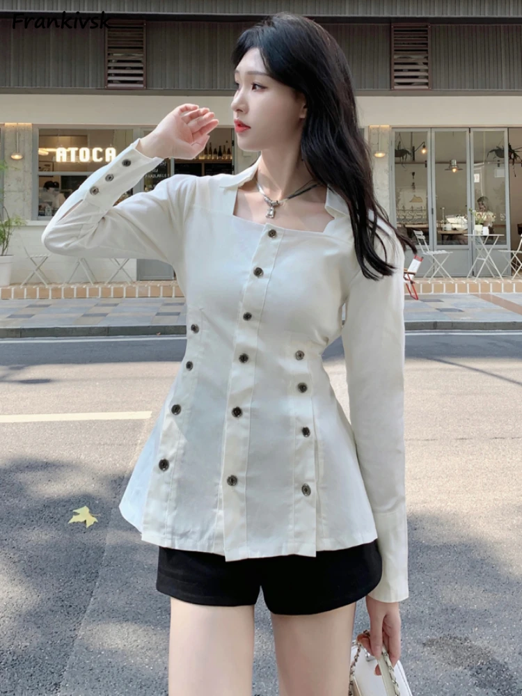 

Shirts Women Button Temperament Spring Autumn All-match Long Sleeve High Street Office Lady Slim Clothing College Korean Gentle