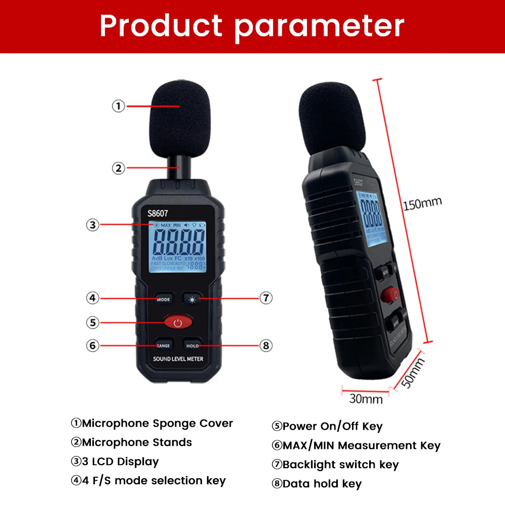 Detector de ruído doméstico com retroiluminação LCD, Medidor Decibel, Tester Volume Ambiental, S8607, 30dB, 130dB