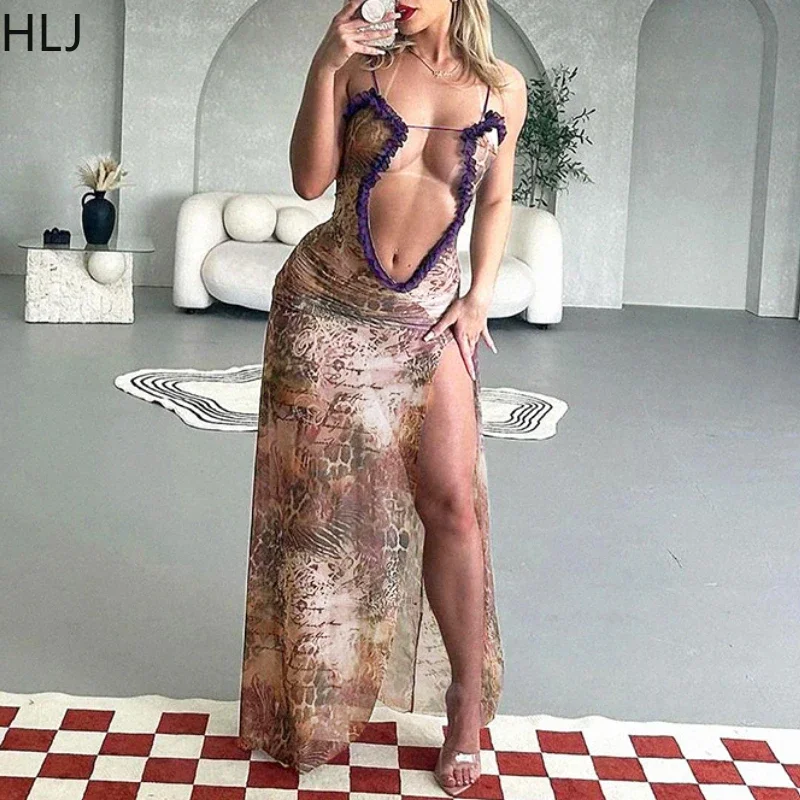 HLJ Sexy Mesh Afdrukken Sheer Hollow Bretels Jurken Vrouwen Dunne Band Bodycon Hoge Split Clubwear Mode Ruches Slanke Vestidos