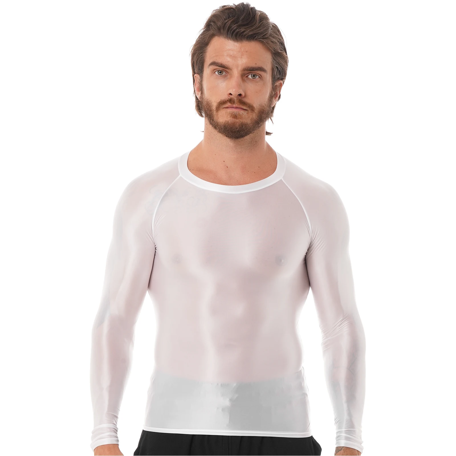 Mens Satin Silky Long Sleeve Shirt Gym Workout Running Compression Athletic Tee Shirt Fitness Bodybuilding Tops Undershirt