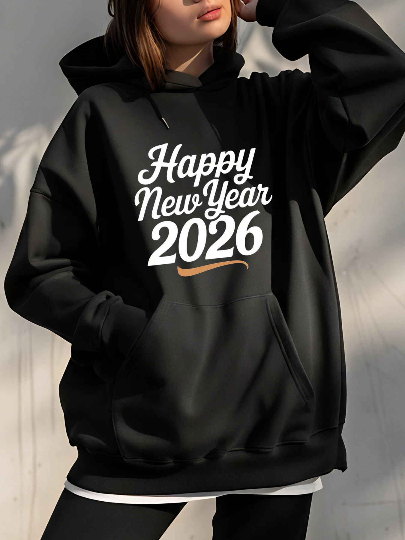 

Толстовка с капюшоном «С Новым годом 2026» со смайликом для женщин, повседневная одежда в уличном стиле