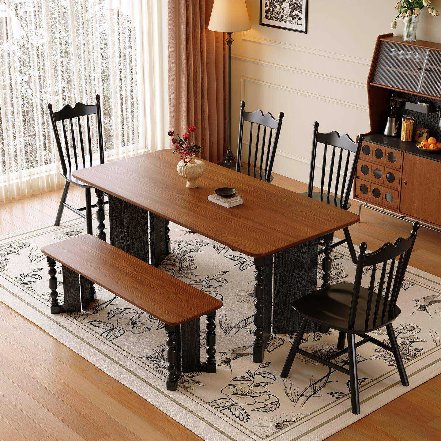 French Vintage Solid Wood Dining Table, Multi‑Purpose Mid‑Century Table for Home Dining Room Desk Workstation Tea Table