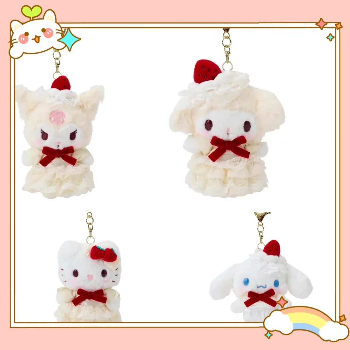 

Новая серия Hello Kitty My Melody Strawberry Cake, плюшевый рюкзак, подвеска в стиле аниме Sanrio, милый брелок в форме сердца для девочек, подарки для девочек