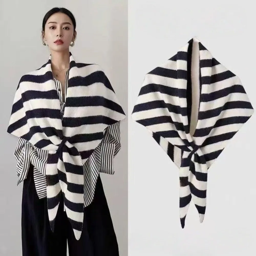 

Elegant Wool Blended Women Shawl Striped Print Warm Pashmina Wraps Big Soft Knitted Shawl Autumn Winter