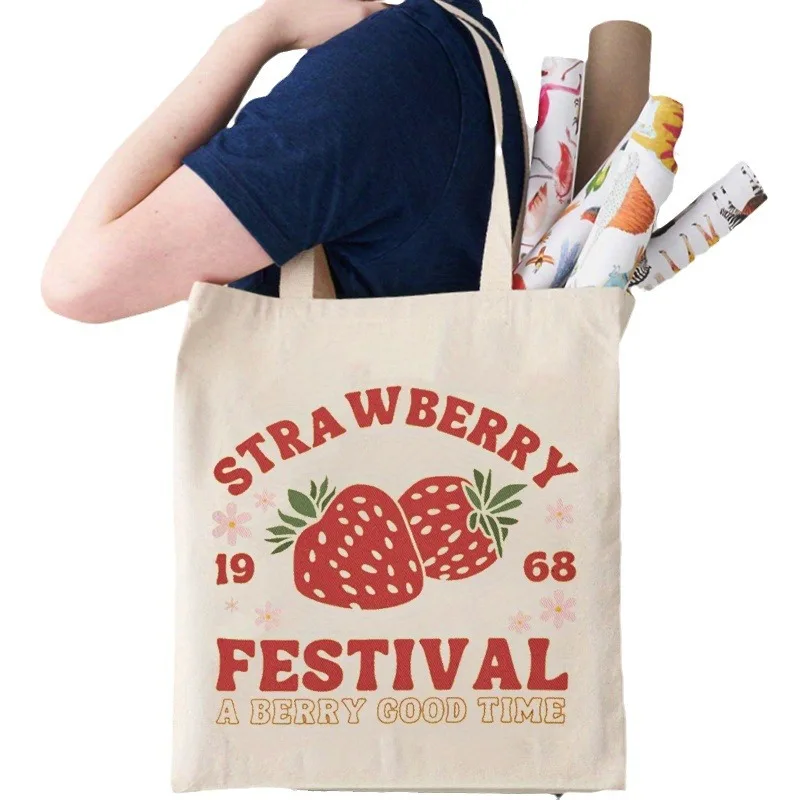 Fashion Double-sided STRA WBERRY FESTIVAL Strawberry Printed Canvas Bag Large Capacity Tote Bag Shopping Single Shoulder Bags