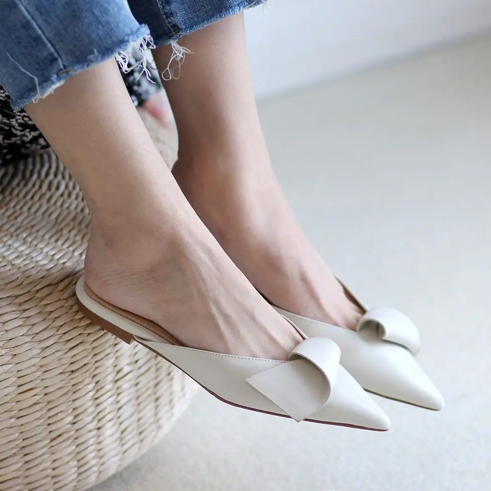 Flat Shoes Woman Slip On Cow Leather Mules Female Muller Shoes Pointed Toe Slides Korea Style Handmade Ladies Flats Size 40