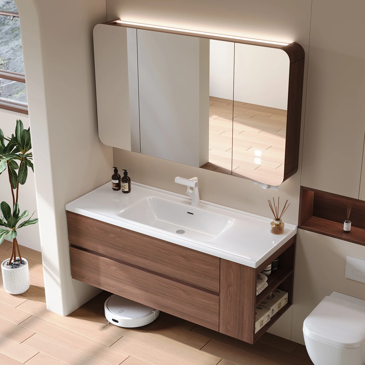 

Ceramic Integrated Basin, Bathroom Cabinet Combination, Side Storage, Medieval Walnut Wash Basin Cabinet, Washbasin, Washbasin