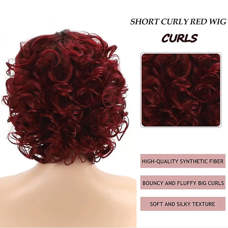 HAIRJOY Synthetic Hair Short Burgundy Curly Wigs for  Women Ombre Wine Red  Short  Wig