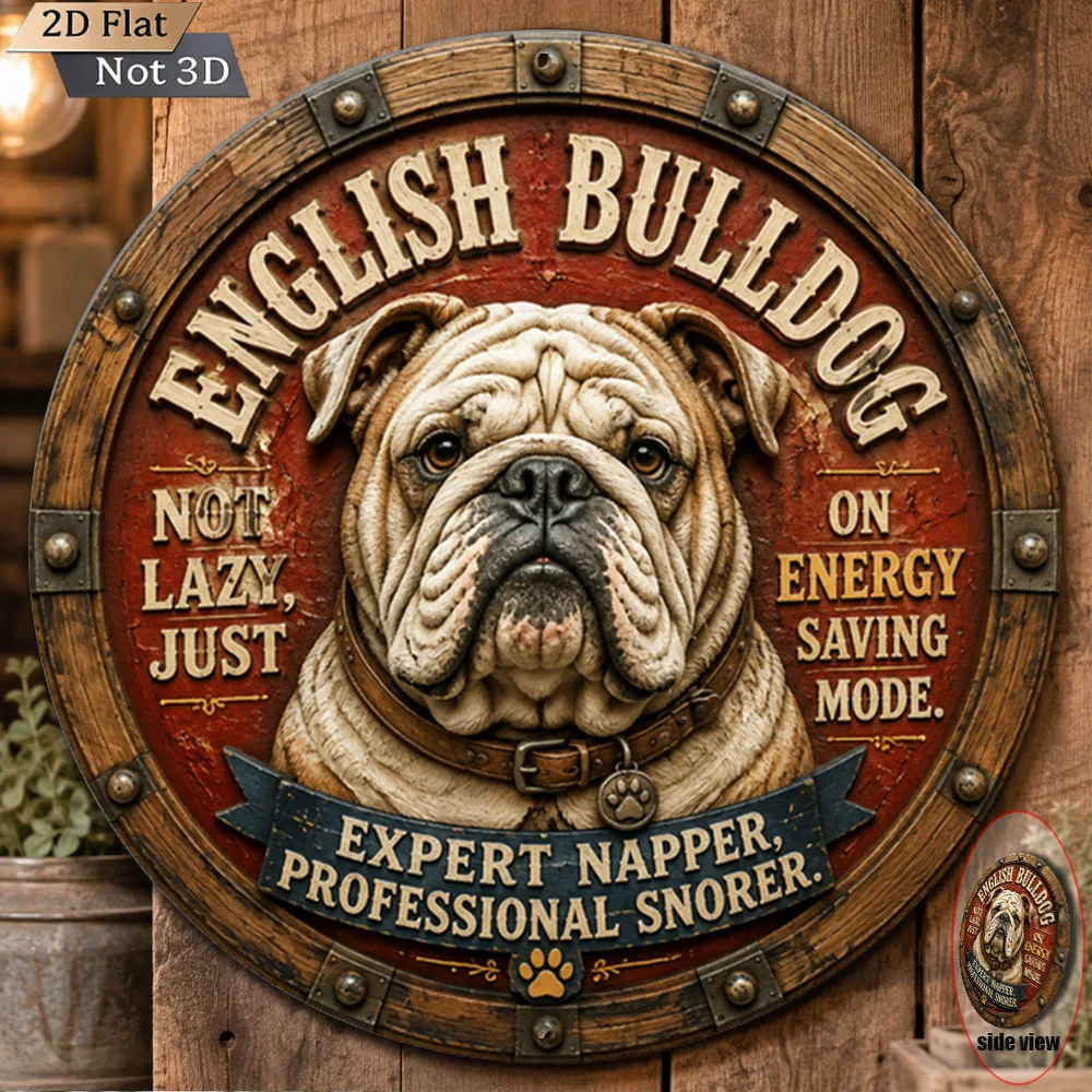 2D Flat - 1pc 2D Flat 8X8 Inch (20X20Cm) Round Metal Aluminum Sign Vintage Wall Decor Bulldog Energy Saving English Bulldog Port